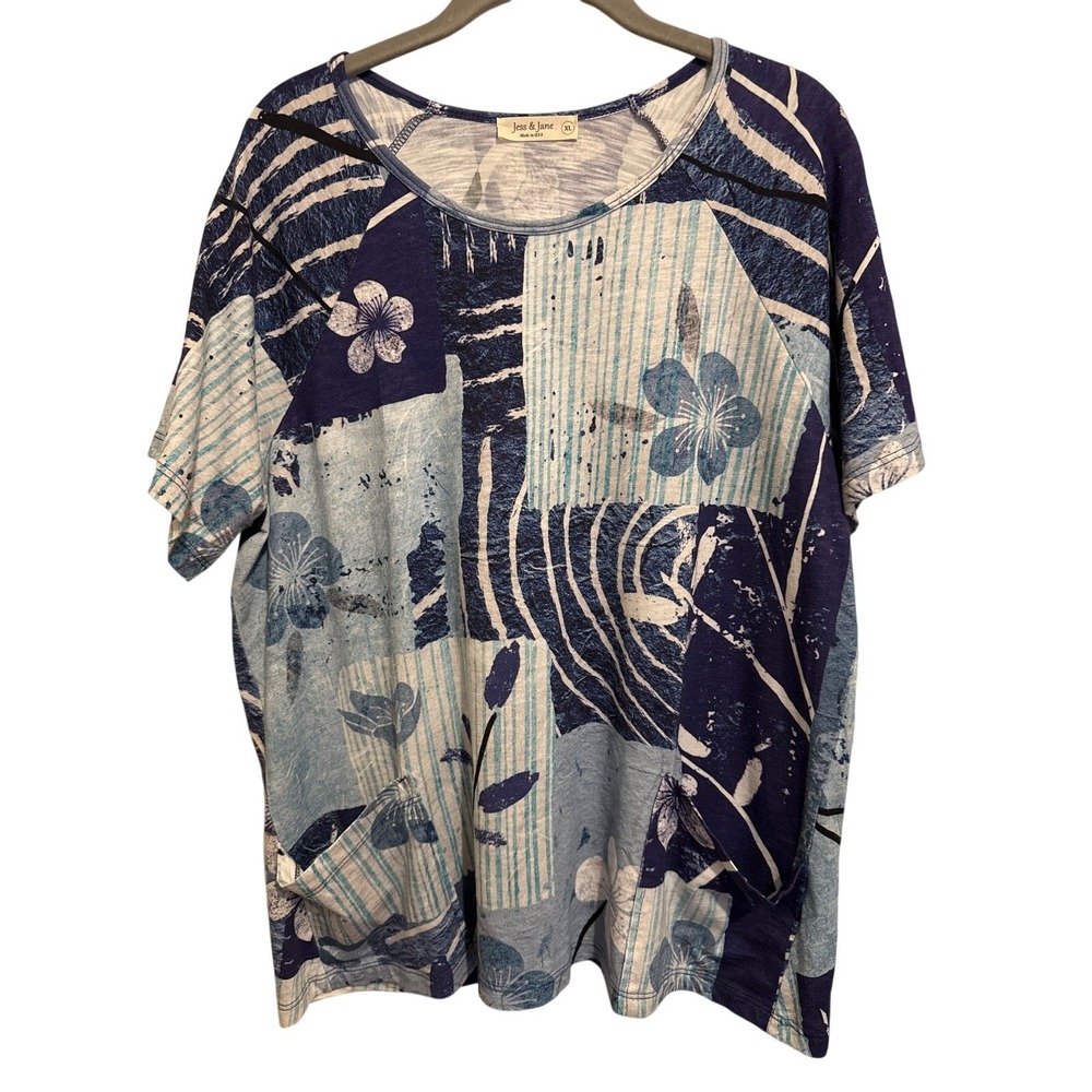 Jess & Jane Women's Hana Top Size XL Pockets Blue Floral Short Sleeve Made USA
